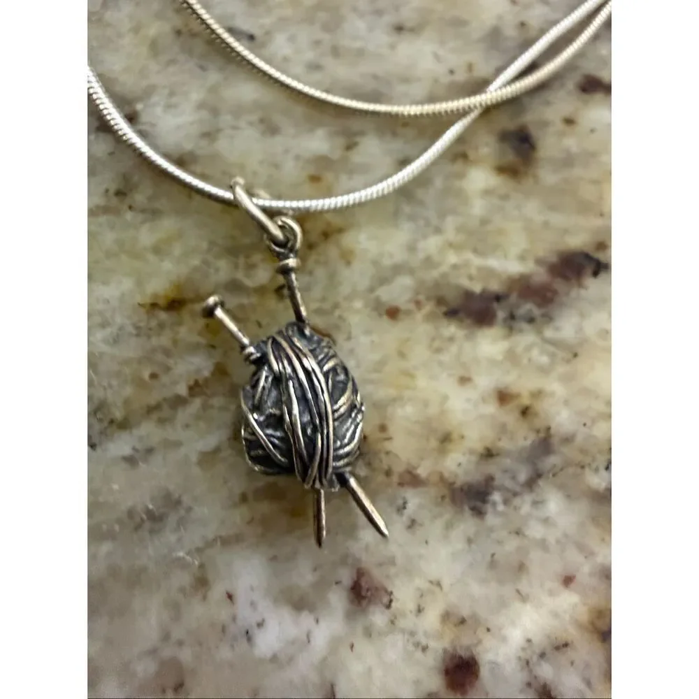 Sterling Silver Yarn Ball Knitting Pendant Necklace 8g Handmade Artisan